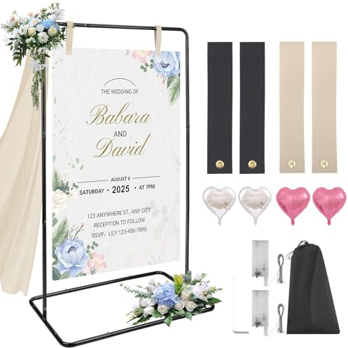 Delousiber Wedding Welcome Sign Stand, Gold Adjustable 1.3-1.7m Welcome to Our Wedding Sign Holder with Leather Straps, Sturdy Metal Easel for Reception Decor, Seating Charts & Events (Black)