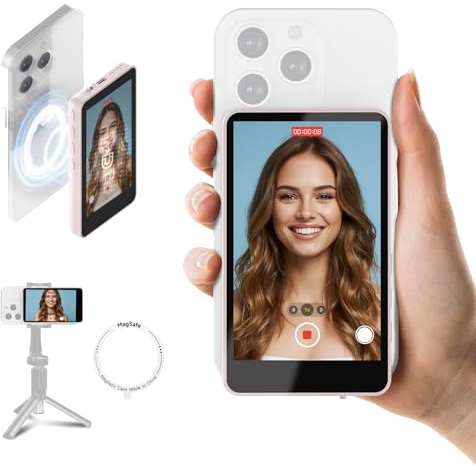 SYNCO XView Écran Moniteur Selfie Vlog pour iPhone et Android, Caméra Arrière Magnétique 4K/1080p avec Rotation 180°, Autonomie 3H et Haut-Parleur Intégré pour Youtube, TikTok, Live Streaming (Rose)
