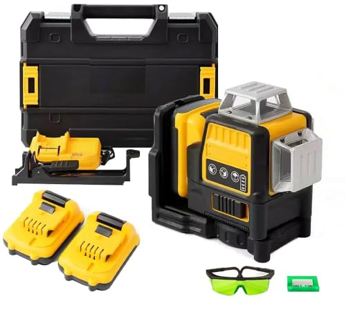 Self Leveling Laser Level 3 x 360° Green Beam,12 Lines Laser Level Tool with 2400mAh Rechargeable Battery,Protective Glasses,Hanging Bracket, Carry Case & Charger,for tiling, Cabinet Installation