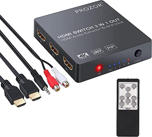 HDMI Convertidor Switch 3x1 con Extractor de Audio Salida Analógica Óptica Toslink SPDIF Soporte 4K 3D con Mando IR Cable HDMI Cable USB y 3.5mm Macho a 2 Cables Hembra RCA para BLU-Ray DVD PS4 TV
