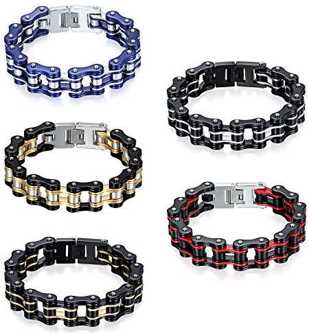 JewelryWe Schmuck 5pcs Herren Biker Kette Armband, Groß Schwer Hochglanz Poliert Fahrradkette Motorradkette Armkette Armreif aus Edelstahl, 5 Verschiedene Modellen