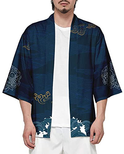 CIZEUR Kimono Japonais Homme Veste Vintage Chinese Style Casual Chemise Homme Manches 3/4 Taille Grande, L Grue Immortelle