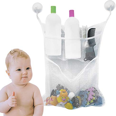 Qchomee 2 Pack Bathroom Toy Storage Net Bath Tidy Mesh Organiser Bags Corner Toy Holder Storage Basket Net with Multiple Pockets and Strong Suction Cups for Baby/Kids/Toddler Bath Toys