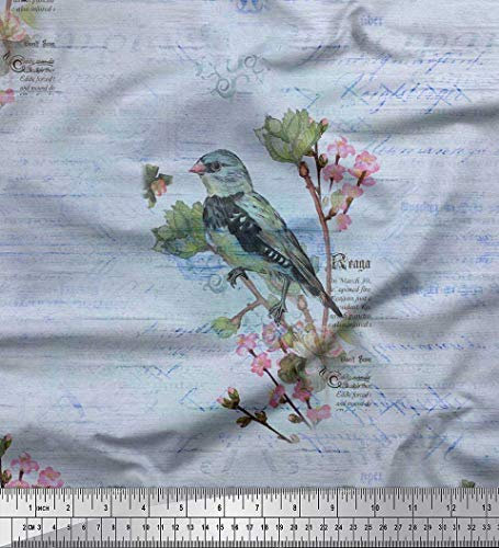 Soimoi Blau Georgette Viskose Stoff Text, Floral & European Greenfinch Vogel Stoff Meterware 42 Zoll breit