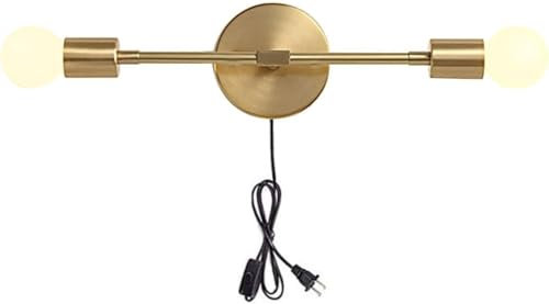KCO Beleuchtung Gold Plug in Wandleuchter Mitte Jahrhundert Moderne Wandleuchte Montage Wandleuchte 2-Licht Minimalistische Rohmessing Fassung