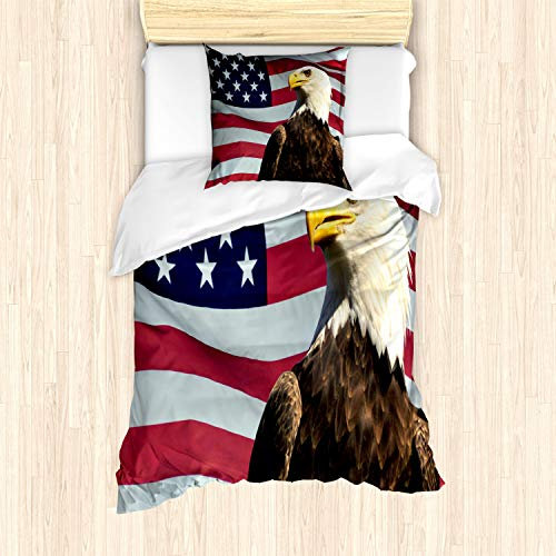 ABAKUHAUS Adler Bettbezug Set für Einzelbetten, US-Flagge Land, Milbensicher Allergiker geeignet mit Kissenbezug, Braun Weiß Rot