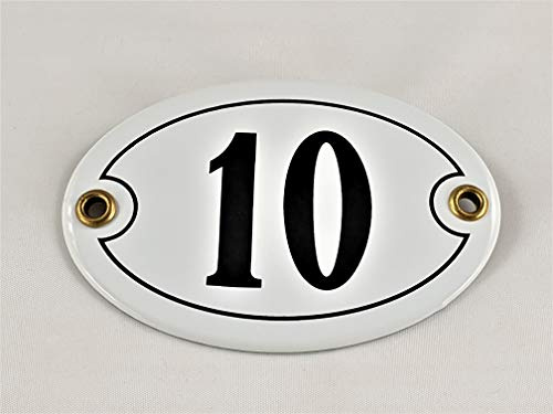 Emaille Hausnummer Schild Nr. 10, oval, Weiß-Schwarz Handarbeit