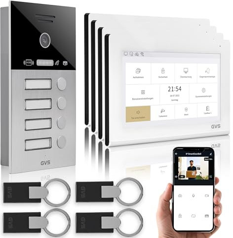 GVS - IP Video Türsprechanlage 4 Familienhaus mit Türöffner (RFID), HD Kamera, 4X 7 Zoll Monitor & App - Smarte Video Türklingel mit Kamera & Gegensprechanlage (AVS4461U)