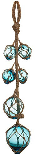 Glass Fishing Floats | Aqua Japanese Glass Floats Strand 2-4 | Nautical Rope Ball | Strand of 6 | Nautical Themed Wall Decor | Beach House Decor | Glass Buoys for Decoration & Ocean Room Decor