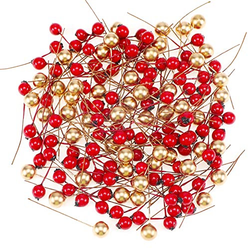 HOWAF 150 Stücke Weihnachten Holly Beeren deko Rot und Gold Mini Künstliche Beeren zum Basteln für Weihnachten Dekorationen adventskranz Weihnachtskranz Deko Kranz Supplies Machen