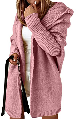 Onsoyours Femme Hiver Cardigan Long Tricot Veste Ouvert Épais Manches Longues Pull Gilet Chaud Capuche Manteau Sweater Chandail Outwear Rose M