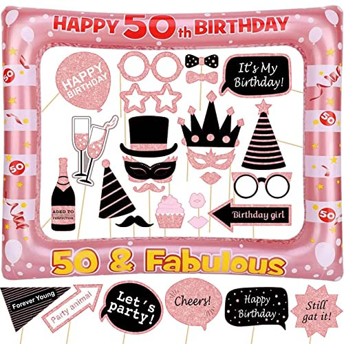 50. Geburtstag Photobooth 30 Stück Foto Requisiten und 1 Stück Aufblasbarer Fotorahmen 50 Geburtstag Party Fotorequisiten Rosegold Fotoaccessoires Deko