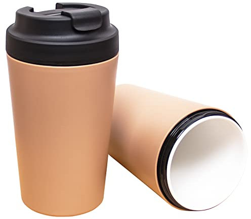 Travel Coffee Cup, Ceramic Lined Travel Mug with Leakproof Lid, Insulated & Reusable, Eco-Friendly for Hot & Cold Drinks 380ml (Khaki)