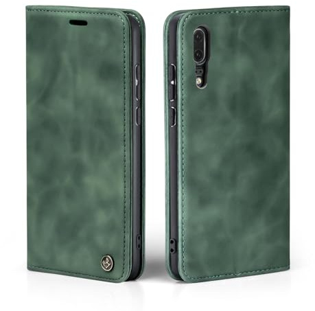 LBH Handyhülle für Huawei P20 in Grün mit Karten- und Geldfach Smartphone Hülle mit Standfunktion Flip Case Schutzhülle Magnetverschluss Vintage