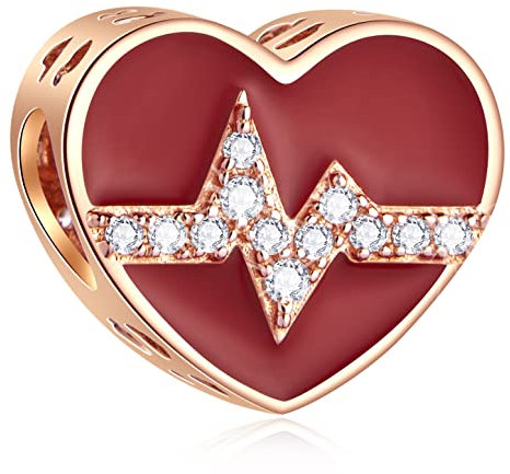 Rosegold Pave Herzschlag CZ Herz Charms passen Pandora Frauen Armband, Heartbeat EKG Emaille rotes Heart Perlen Lebenslinie Puls Charms, Geschenke für Verlobte/Braut/Ehepaar