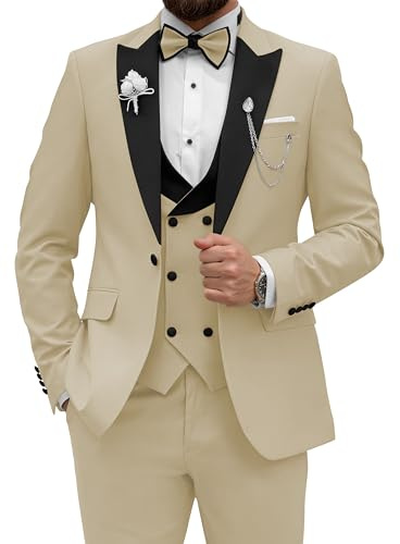 Wangyue Men's Tuxedo Suit 3 Piece Slim Fit Suit for Men Tuxedo for Men Wedding Party Dinner Prom, Champagne, XL