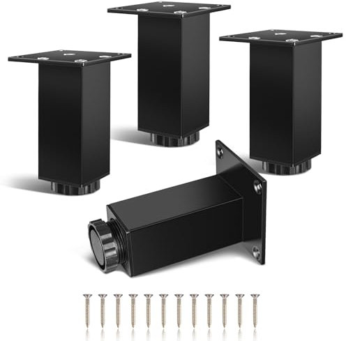 Niviy Patas para Muebles Regulables Patas para Mesas 4pcs Aleación de Aluminio con Placa de Fijación Ensanchada Patas para Sofas Gabinete Cama Tornillos Incluidos Patas Muebles Cocina Negro 100mm