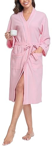 Sopesil Women Waffle Dressing Gowns, Cotton Kimono Robes Soft Luxury Bathrobe Loungewear Sleepwear Spa and Hotel for All Year A-Pink,L