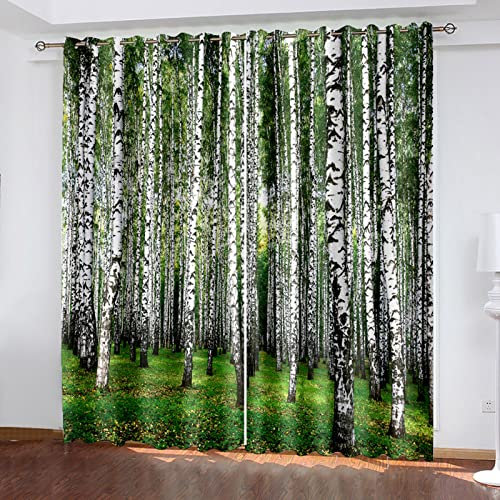 COOBAA 3D Kunstmode Birkenwald Druck Muster Ösenvorhang, Gardinen Wohnzimmer Modern Hoch 260X280Cm Thermo Vorhänge Gegen Hitze, Raumteiler Vorhang Für Flur Rauschminderung Dekorativ