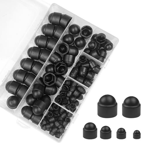 Frevoitna 145 Pièces Cache Ecrou, Pour M4-M12, Vis à Six Pans Creux Capuchon Noir Écrou Protection, Bouchon Plastique, Borgnes Hexagonaux Boulon Écrous en Nylon pour Protéger Hexagonales, en Boîte.