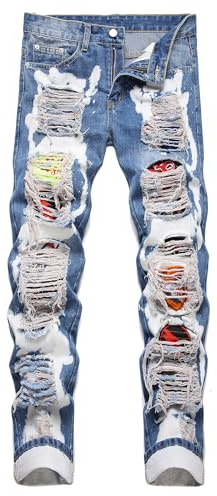 Men's Designer Stylish Ripped Distressed Stretch Patched Skinny Beggar Jeans, Blue 354, 38