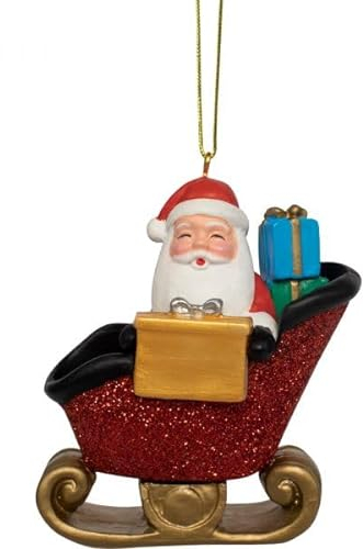Personalised Santa in a Sleigh with Blue Presents Hanging Christmas Decoration Ornament Bauble with engraved name