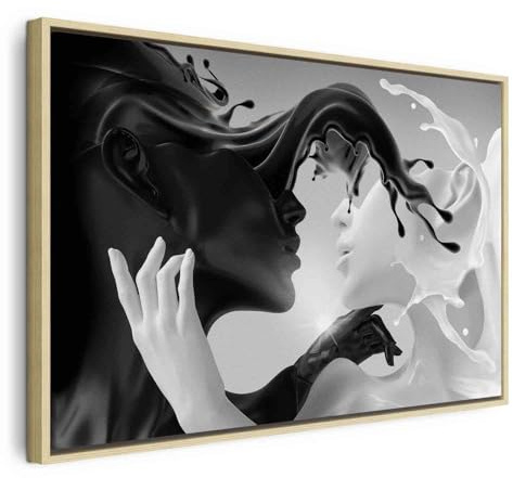 B&D XXL Bilder mit Rahmen 120x80 cm Wandbilder groß Leinwandbild XXL natürlicher Holzrahmen modern Wanddekoration Kunstdruck Wanddeko Wohnzimmer Schlafzimmer Abstrakt Paar schwarz weiß