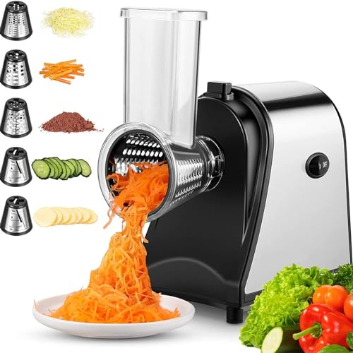 Electric Cheese Grater and Vegetable Cutter with 5 Rotary Blades - One-Touch Control for Easy Salad Making and Cheese Ideal for Cheese, Fruits, and Vegetables