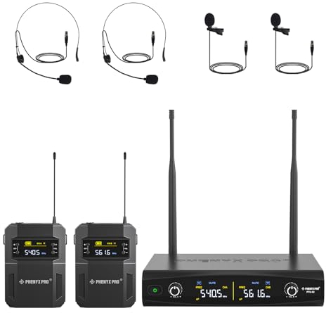 Phenyx Pro Sistema microfonico wireless in metallo UHF con 2x30 frequenze sintonizzabili, portata di 200 piedi, 2 bodypack e archetto/microfoni da bavero per parlare, cantare, chiesa, DJ (PTU-52-2B)