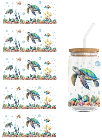 URFEDA 5pcs UV DTF Transfer Sticker für Glas Becher, Wasserfeste Tassen Aufkleber Becher Wickeln Transfers Sticker Set Klar Film Transfer Papier Kaffeebecher Rub on Stickers Rub on Transferaufkleber