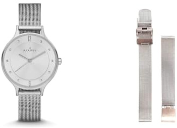Fossil Women's Anita Lillie Stainless Steel Watch and Replaceable Leather Strap, Silver-Tone Set