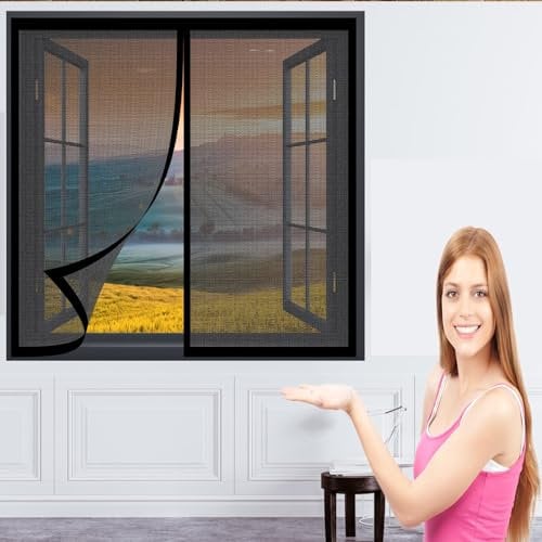 Magnetic Fly Screen for Windows 96 x 112 cm(38 x 44inch) Transparent Insect Screen Mosquito Bug Protection Without Drilling Easy to Install Insect Mosquito Net Fly Screens for Windows, Black