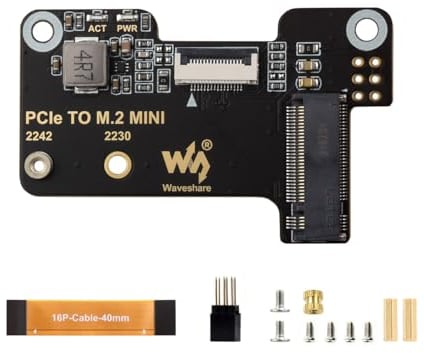 Waveshare PCIe to M.2 Mini Adapter, Compatible with Raspberry Pi 5, Supports NVMe Protocol M.2 Solid State Drive, Supports Gen2 and Gen3 Modes, Supports Booting PI5 from Solid State Drive