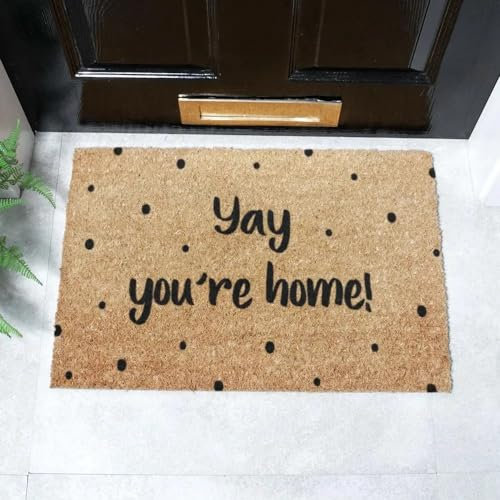 Artsy Mats - Home Spotty Text Coir Door Mat - Made from Tufted Coconut Fibre - Non-Slip Natural Rubber Backed Door Mats Indoor - Heavy Duty, Decorative Outdoor Mats (60x40cm)