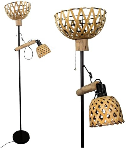 Osasy holz stehlampe mit 2 Schirmen designer lampe| natürlich einzigartig Bambus Stehlampe Design fürs Wohnzimmer | praktischem Schalter | standleuchte Höhe 165 cm | Ohne Glühbirnen