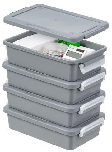 IRIS USA 3 Qt. Plastic Craft Storage Container Bins with Lids, 4 Pack, Small Art & Office Supply Organizer Tote, Sensory Bins & Boxes for Home & University, Stackable, Secure Latch Buckles, Gray