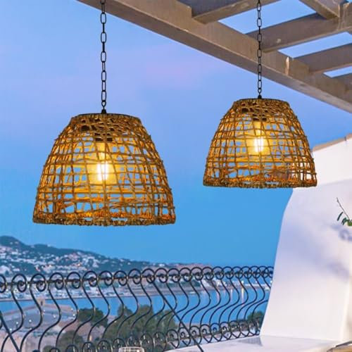 GUANSHAN 2 Packungen Solarlampe aus Seegrasgeflecht, Solar-Pendelleuchte, Solar-Garten-Pendelleuchte, Solar-Hängelampe für den Außenbereich, Außen-Hängelampe für Balkon, Garten