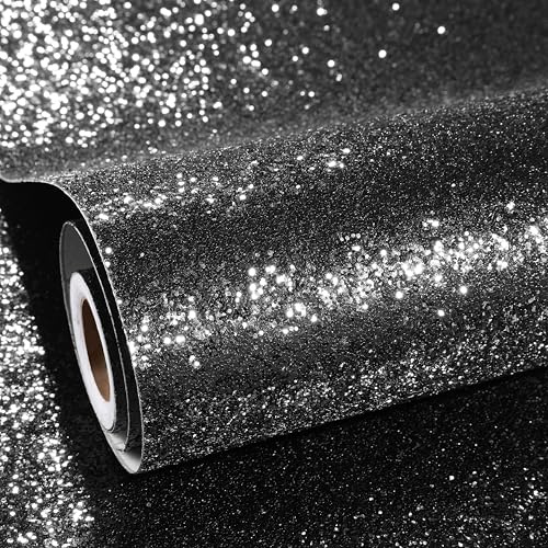 ReWallpaper Self Adhesive Black Sparkly Wallpaper Glitter 60CM×5M Vinyl Wrap for Furniture Table Doors Shiny Black Wallpaper for Hallway Bathroom Thick Lining Paper for Walls Removable