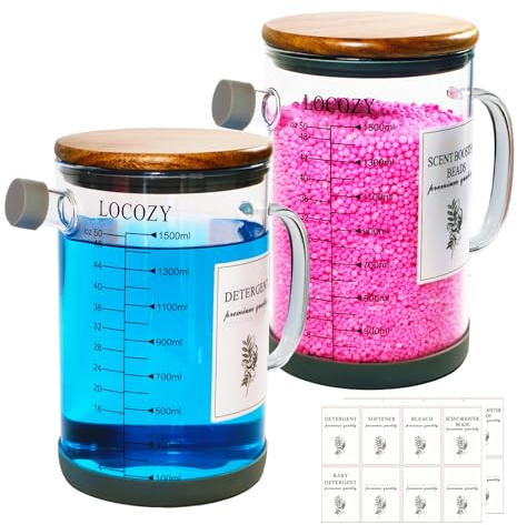 Silikon-Waschmittelspender aus Glas, mit Skala, luftdichter Holzdeckel, flüssigkeitsfest, universelle Waschküchen-Organisation und Aufbewahrung für Bleichmittel, Weichspüler, Duftperlen, Pulver, 1,5