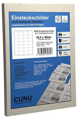 CUNU - Einstecketiketten zum Beschriften (52,5mmx39mm, DIN A4) - Einsteckkarten nicht klebend - Regaletiketten für Scannerschienen - Einlegepapier zur Kennzeichnung für Regal und Lager (perforiert)