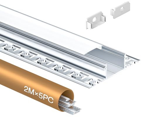 Shine Plus LED Trockenbauprofil 2m 5 Stück und strip Profil Unterputz, Schiene aus Eloxiertem Aluminium, Kanal für Streifen bis 20mm, Diffusor für Gleichmäßige Lichtverteilung (5×2Meter)