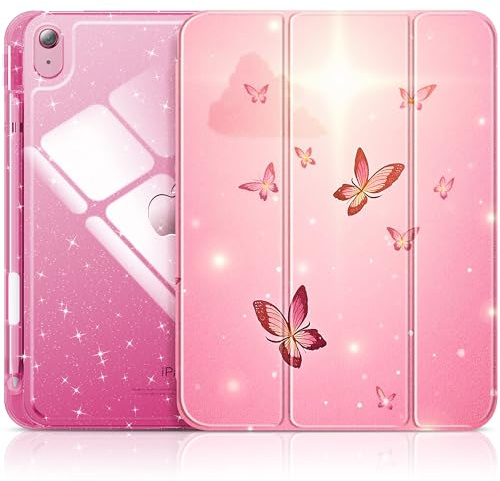 INFILAND Hülle für iPad (A16) 11./10. Generation (2025/2022), Glitzer Stoßfeste Case Cover mit Glänzende, Durchsichtige Rückseite Schutzhülle (Pink Flutter)