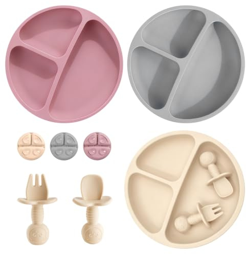 Assiette Bebe Ventouse avec Compartiments Silicone sans BPA, Lot de 5 Assiette Ventouse pour Bébé Enfant avec Cuillère Fourchette, Vaisselle Incassable Diversification Alimentaire (Rose/Beige/Gris)