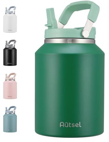 Autsel Bouteille Isotherme 2L, Large Gourde Inox Isotherme Gourde Sport Étanche Gourde Musculation avec Poignée, pour Le Sport, La Randonnée, en Plein Air