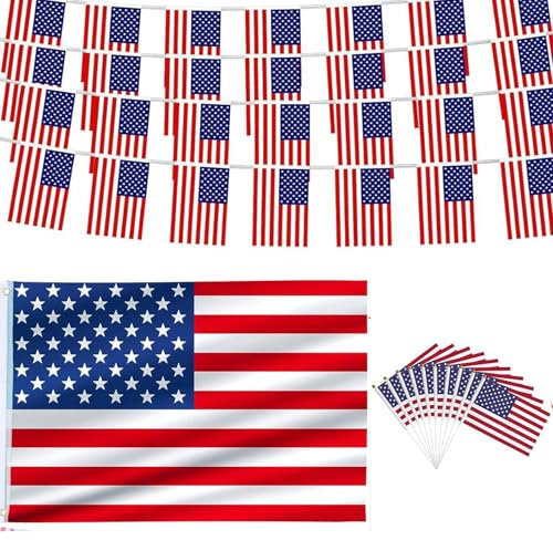 Wimpelkette mit 10 handgeführten USA-Flaggen, Unabhängigkeitstag, Dekoration, Gedenktag, 4. Juli, Party-Dekorationen