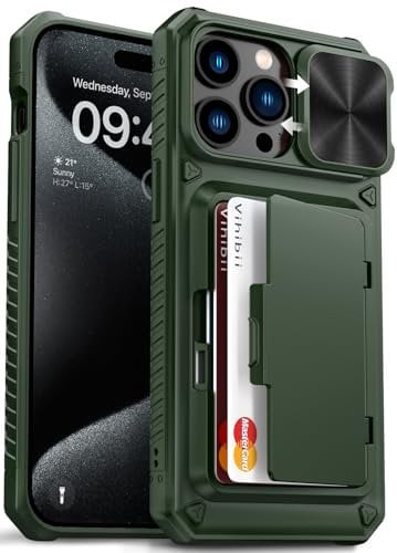 Vihibii for iPhone 15 Pro Max Case with Card Holder (4 Cards) & Slide Camera Cover & Kickstand, Military Grade Drop Protection, Rugged Hard Back & Silicone Edge Wallet Phone Case, 6.7 2023, Green