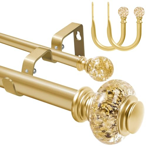 1 Zoll moderner goldener Doppelgardinenstangen-Satz - Spannstangen für Fenster von 71 bis 122 cm (28-48 Zoll) - Luxuriöse durchscheinende Endknäufe mit Halterungen