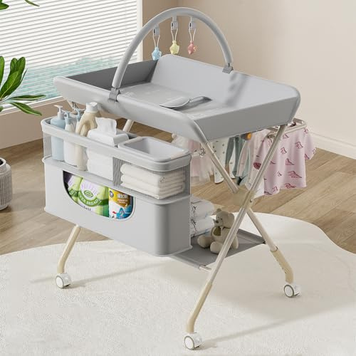 Morlinca Baby Wickelkommode Mobile Wickeltisch Klappbar,Baby Wickelkombi mit Rollen und Ablagefächern,Platzsparend & Stabil,für Windelwechsel & Kleidung,Grau