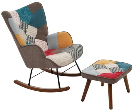 Bequemer Schaukelstuhl mit Fußhocker im Patchwork-Design, ergonomische Rückenlehne, gepolsterter Sitz, Massivholzrahmen, Eisenfüße, weiche Schaumstofffüllung, für Wohnzimmer, Schlafzimmer (Bunt)