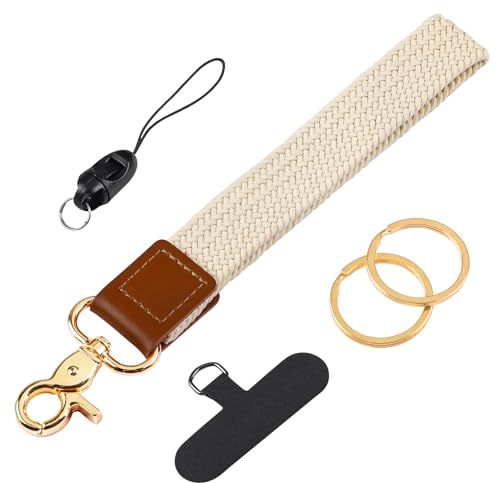 Uniclife Bracelet Porte-clés Élastique, Porte-clés Tressé pour Clés de Voiture et Badges, avec 2 Anneaux, Attache et Lanière pour Téléphone, Bracelet Mignon pour Hommes et Femmes (Beige)